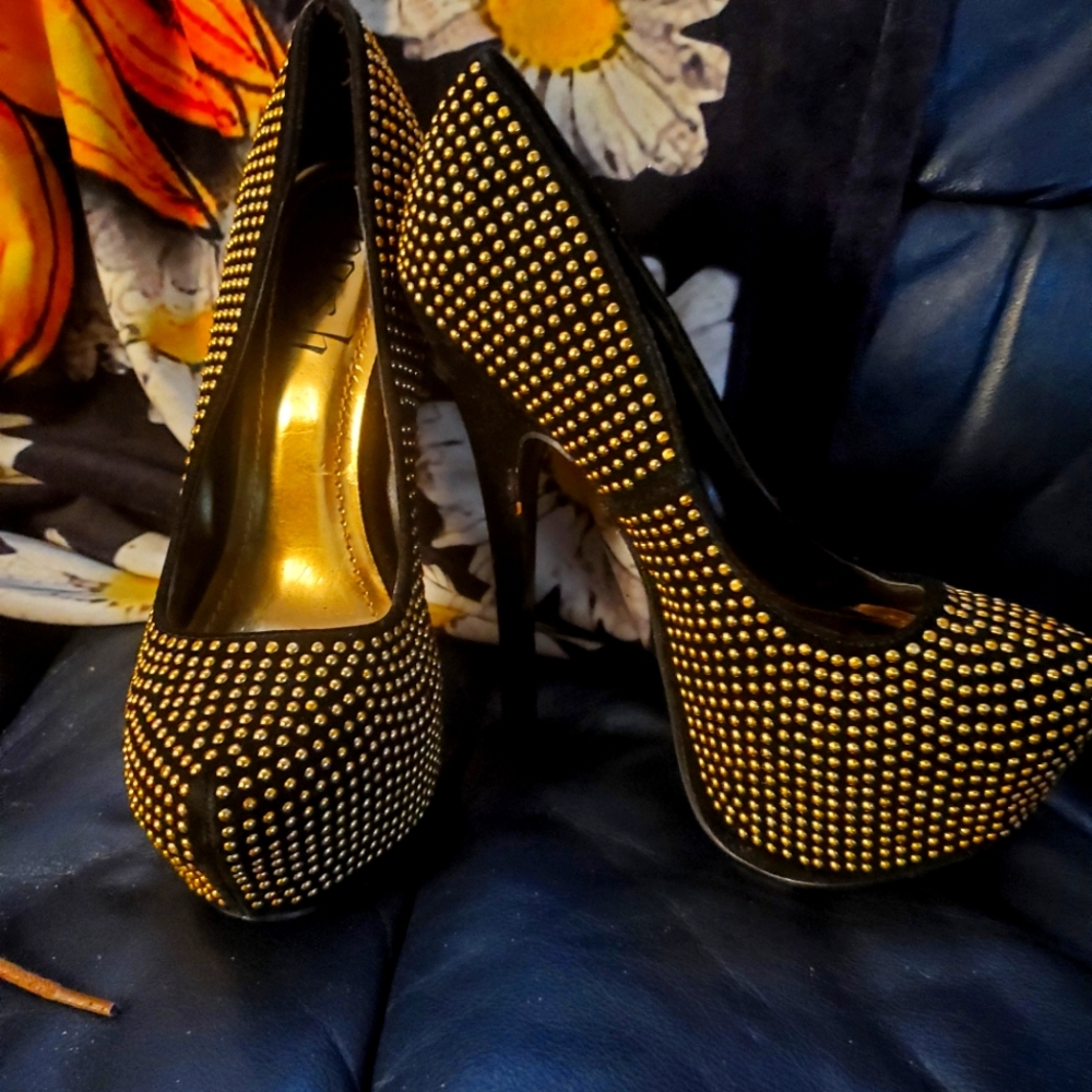 Black suede gold studded heels